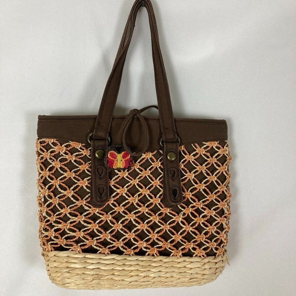 Lucky Brand straw canvas large tote brown orange shoulder bag